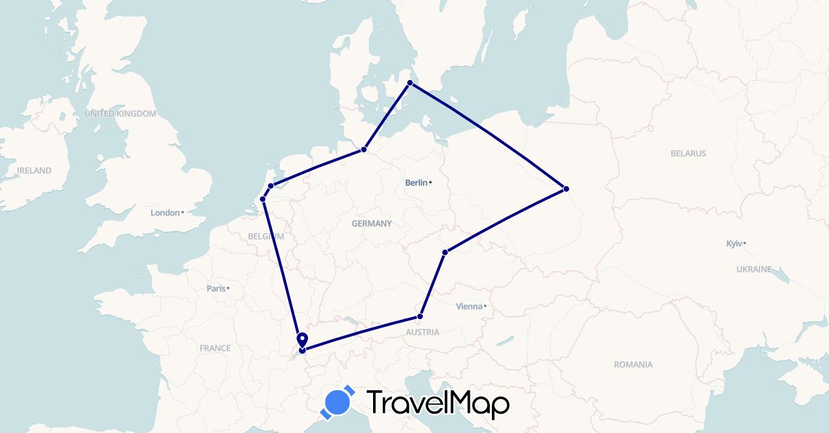 TravelMap itinerary: driving in Austria, Switzerland, Czech Republic, Germany, Denmark, Netherlands, Poland (Europe)